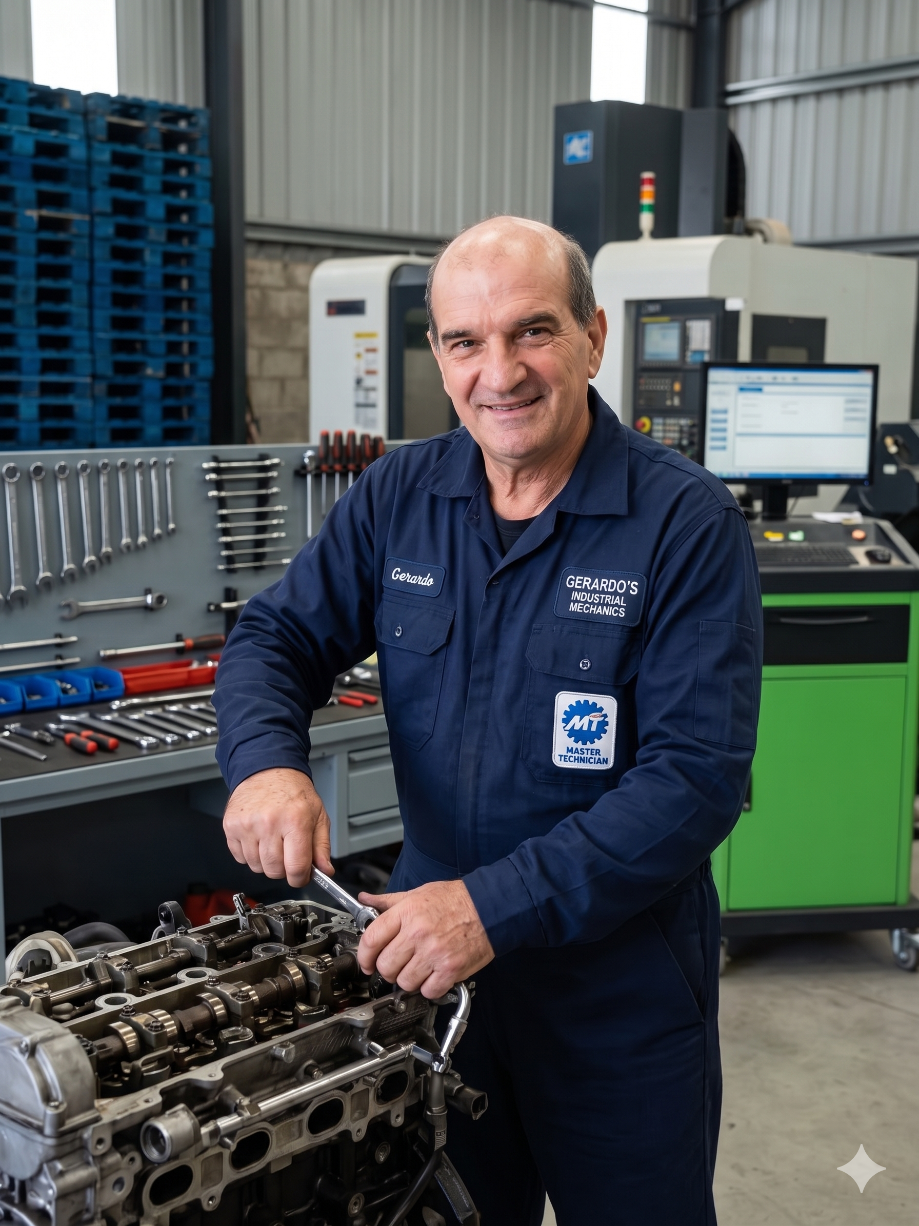 Gerardo inspeccionando culata de motor en taller Prado Motores & Energía