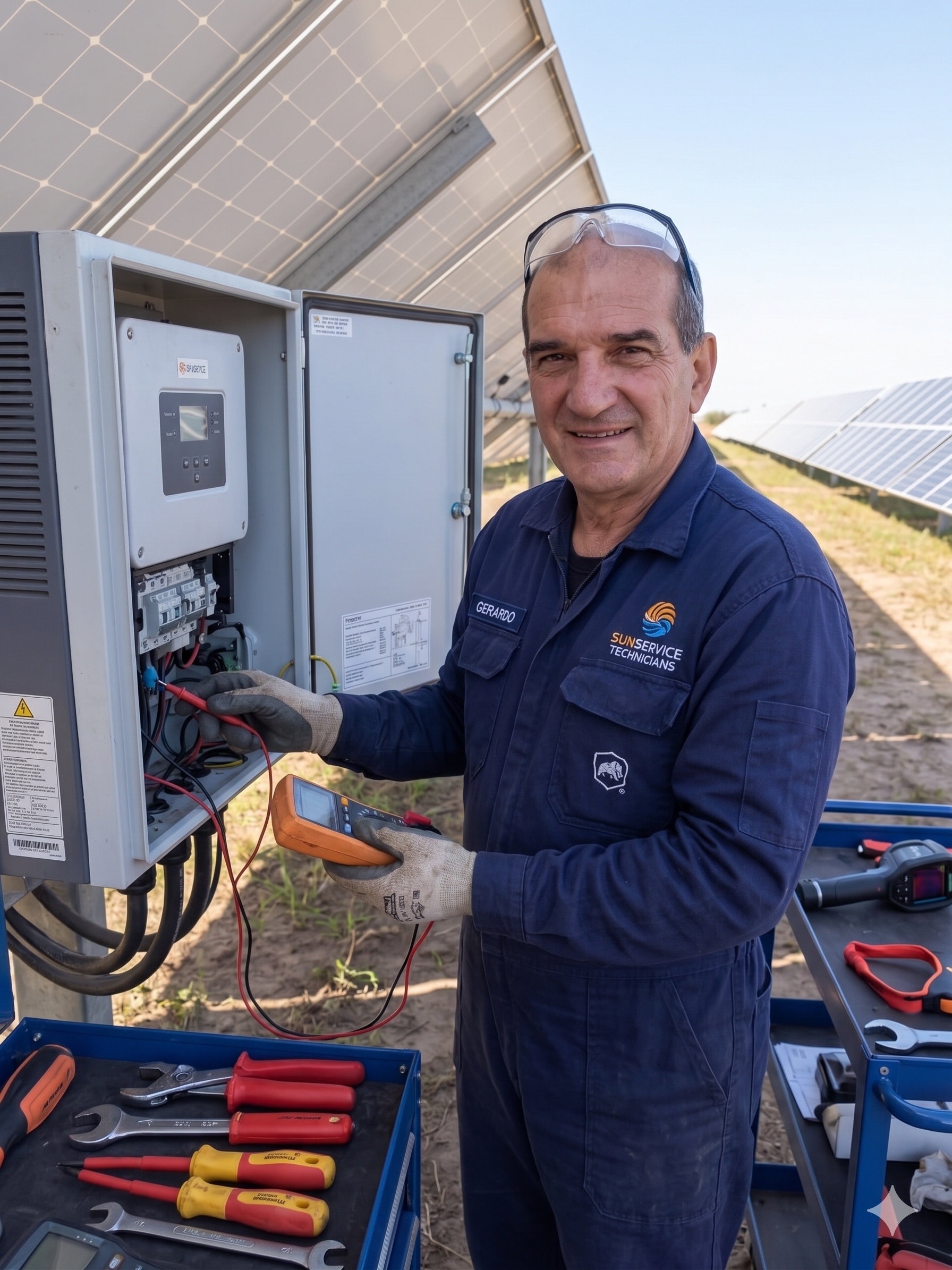 Gerardo realizando mantenimiento de inversor solar en planta fotovoltaica, Córdoba